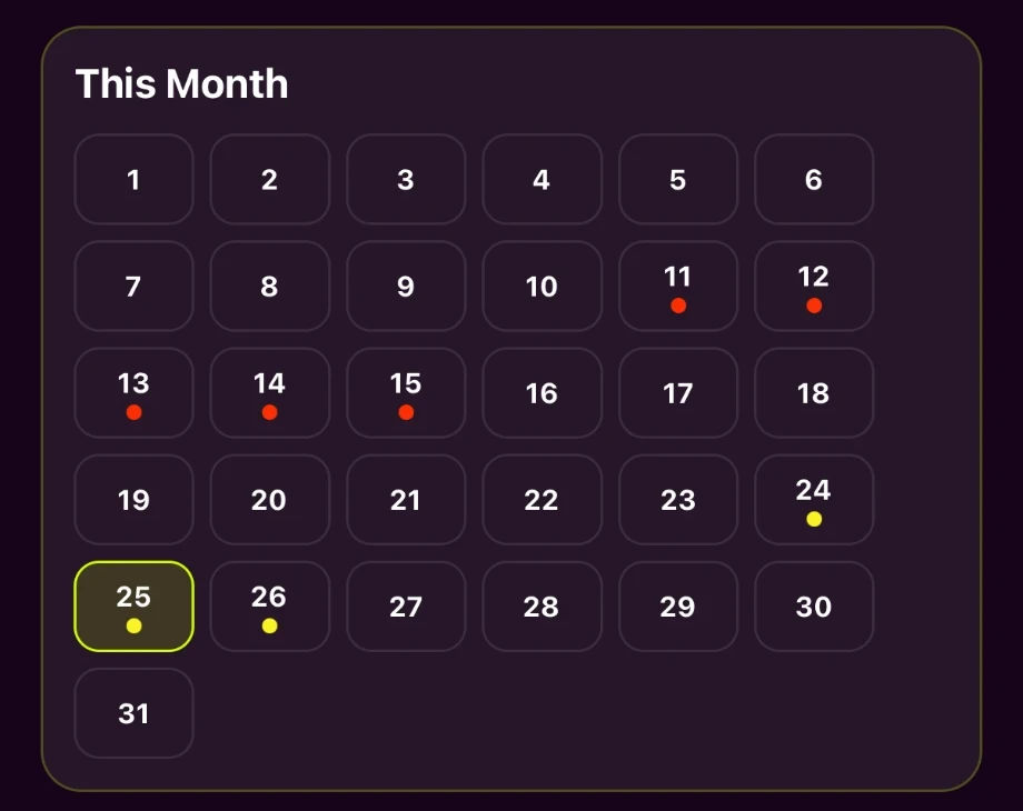 Monatskalender mit markierten Periodentagen.