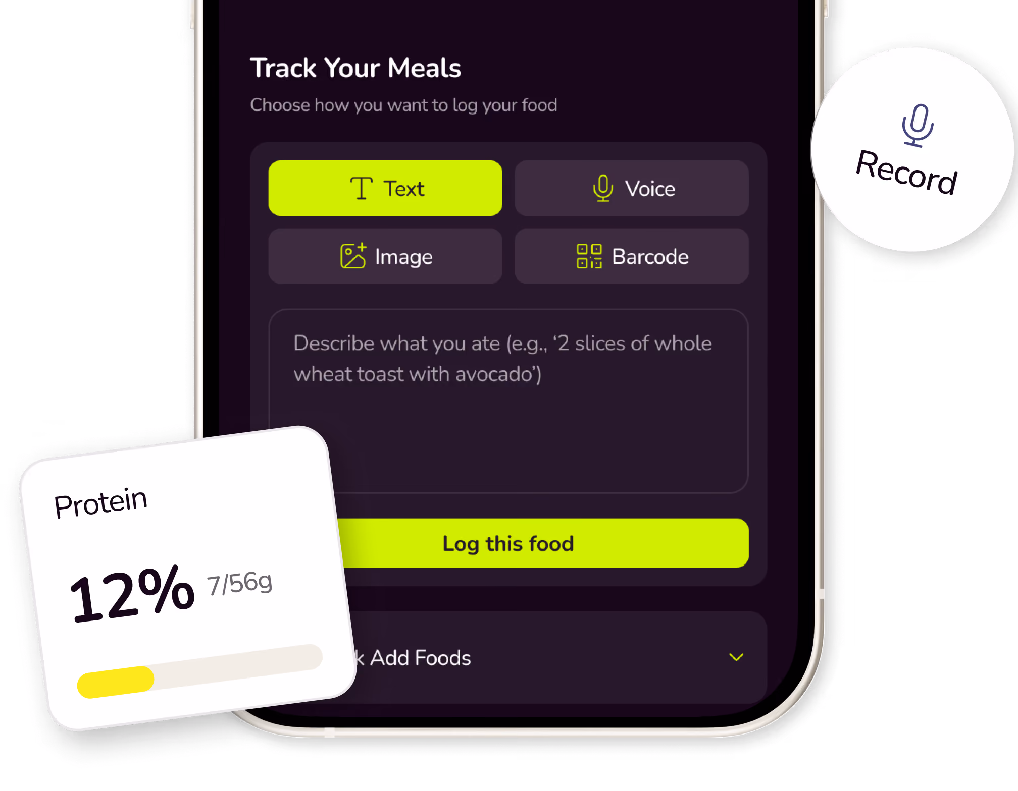 Kaiora-Mahlzeiten-Tracking mit Optionen für Text, Sprache, Bild oder Barcode und einer Protein-Fortschrittskarte bei 12 %.