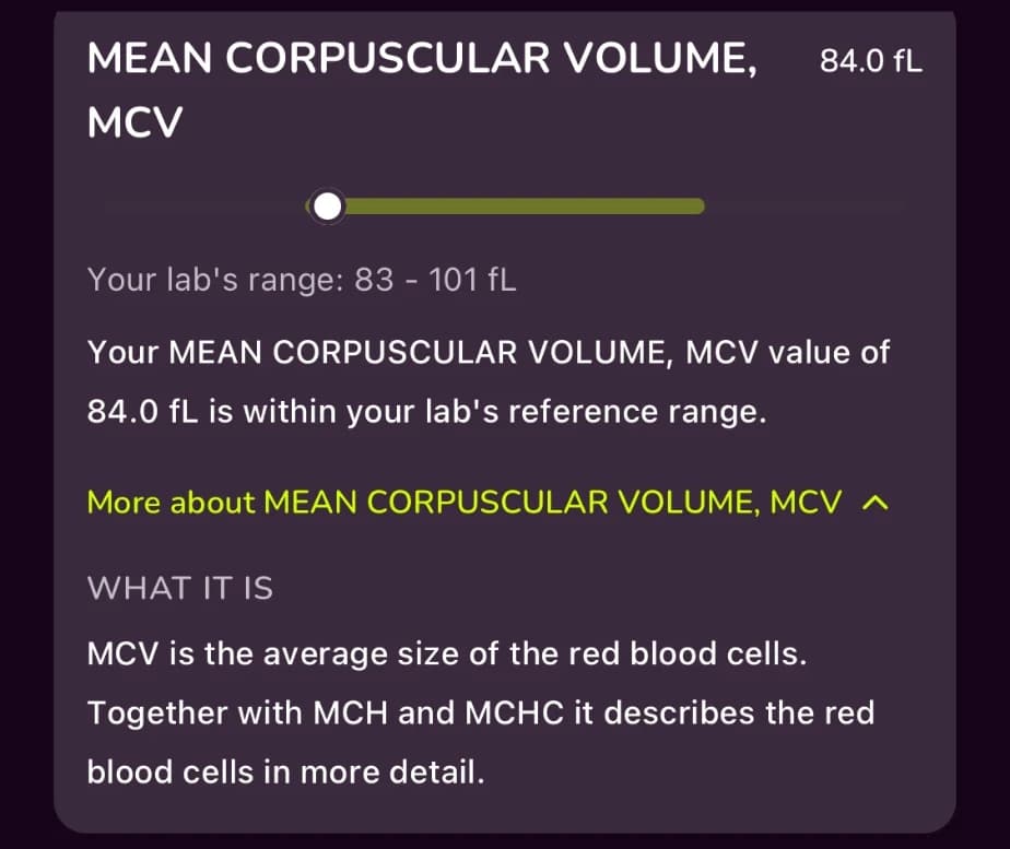 MCV of 84.0 fL on a scale within the lab's range of 83 to 101 fL, with a plain-language explanation of what MCV is.