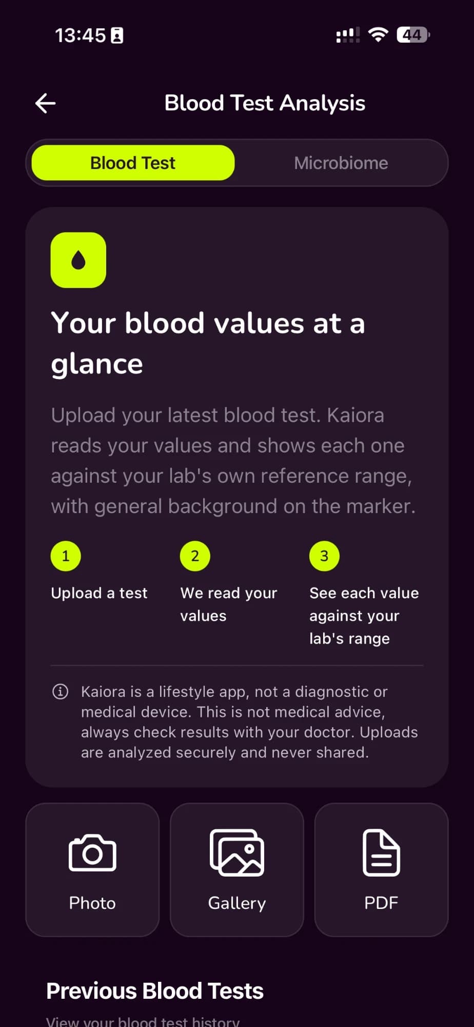 Kaiora Blood Test Analysis screen: “Your blood values at a glance”, three steps from upload to each value against your lab's range, a note that Kaiora is not a diagnostic or medical device, and Photo, Gallery and PDF upload buttons.