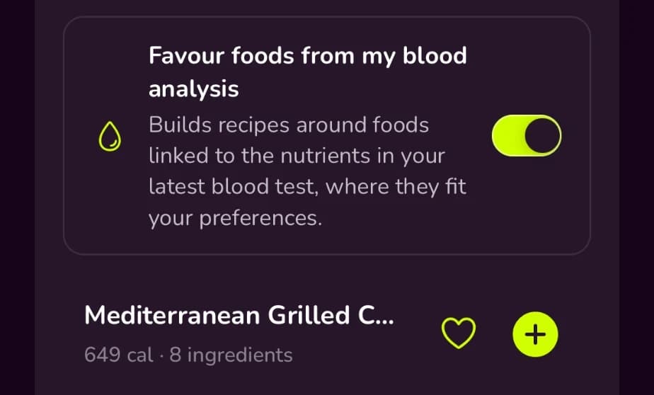 Recipe setting “Favour foods from my blood analysis”, switched on, which builds recipes around foods linked to the nutrients in the latest blood test.