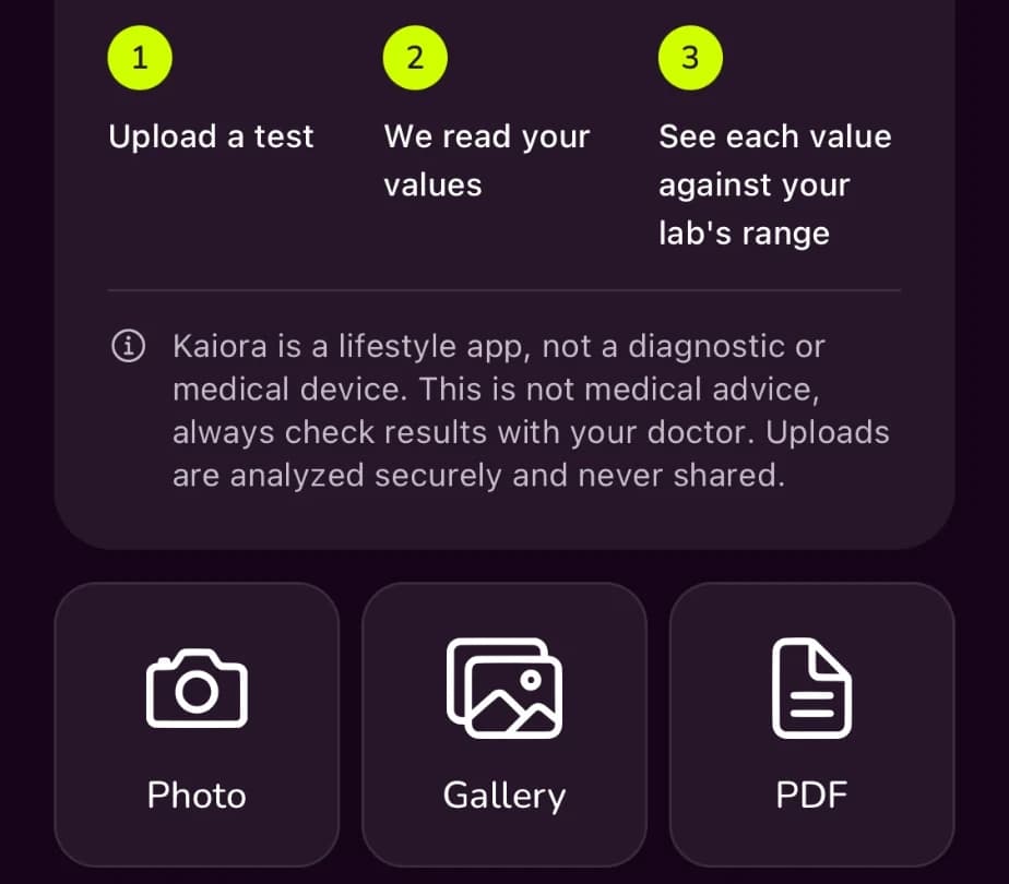 Upload a test, Kaiora reads your values, then see each value against your lab's range, with buttons to upload a photo, an image from the gallery or a PDF.