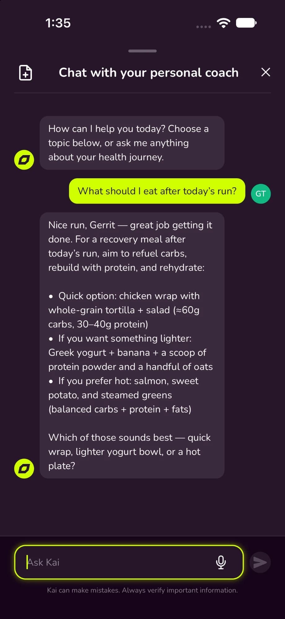 Kaiora-Coaching-Chat: Auf die Frage, was nach dem heutigen Lauf zu essen ist, schlägt Kai drei Mahlzeiten zur Regeneration mit Kohlenhydraten und Protein vor.