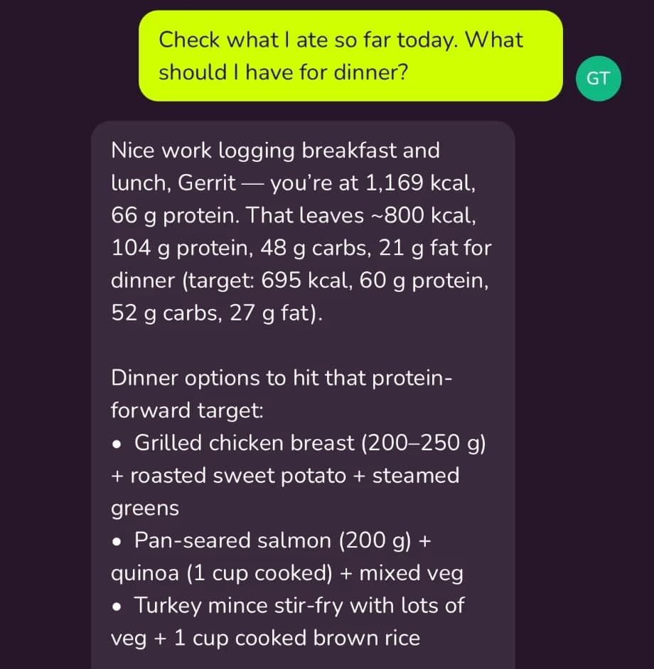 Auf die Bitte, die heutigen Mahlzeiten zu prüfen, nennt Kai bisher 1.169 kcal und 66 g Protein und schlägt drei Abendessen vor, die zu den verbleibenden Zielen passen.