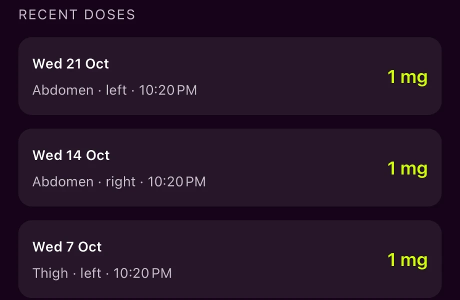 Recent doses in the Kaiora app: three weekly 1 mg doses, each with its date, injection site and time.