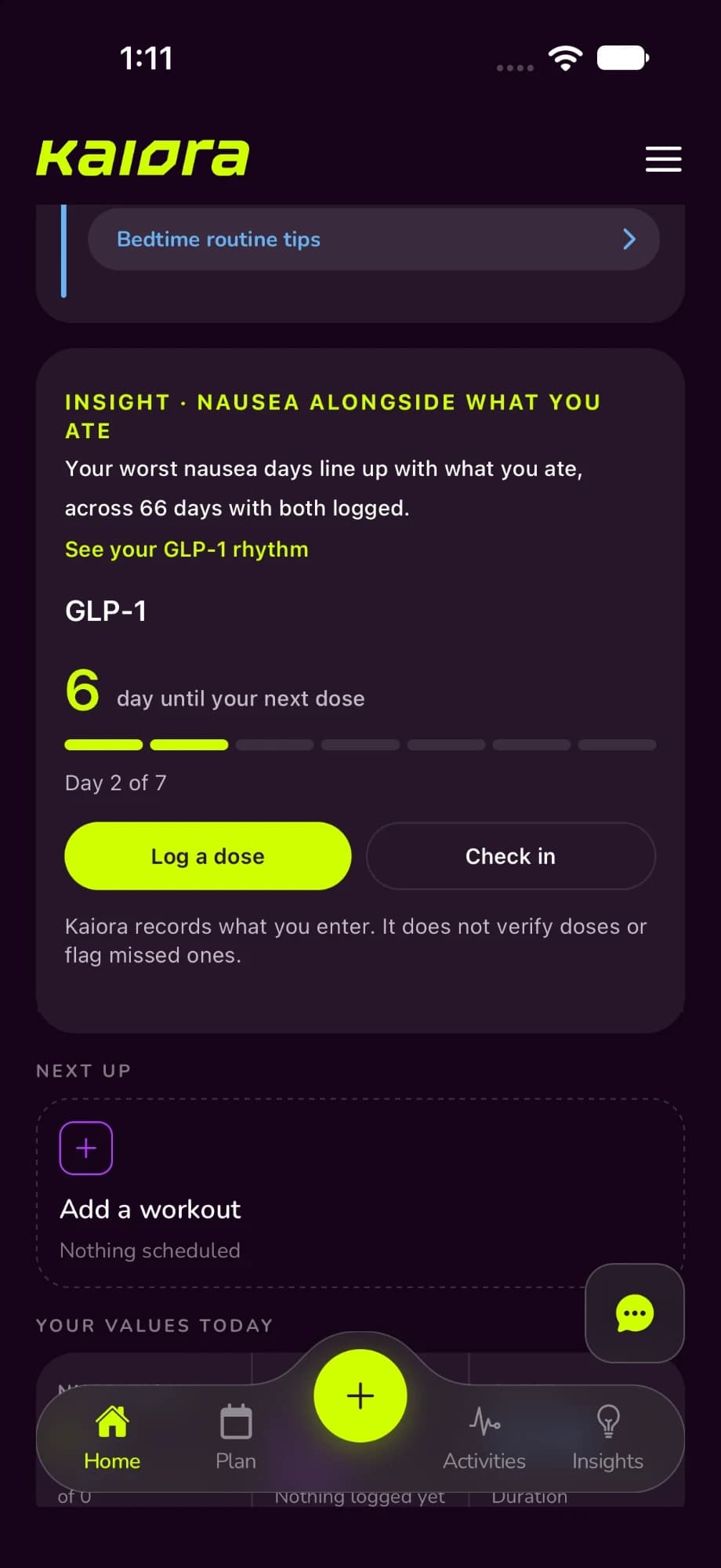 Kaiora home screen with the GLP-1 card: six days until the next dose, Log a dose and Check in buttons, and an insight linking the worst nausea days to what was eaten.
